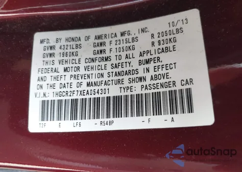 2014 Honda Accord Ex z USA, uszkodzony, nr VIN 1HGCR2F7XEA054301